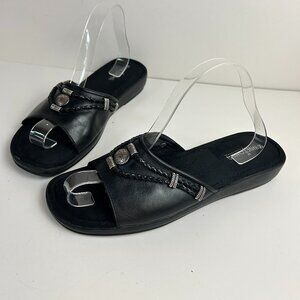 Minnetonka Sandals 11N Narrow Black Leather Slides Flats Braided Studs